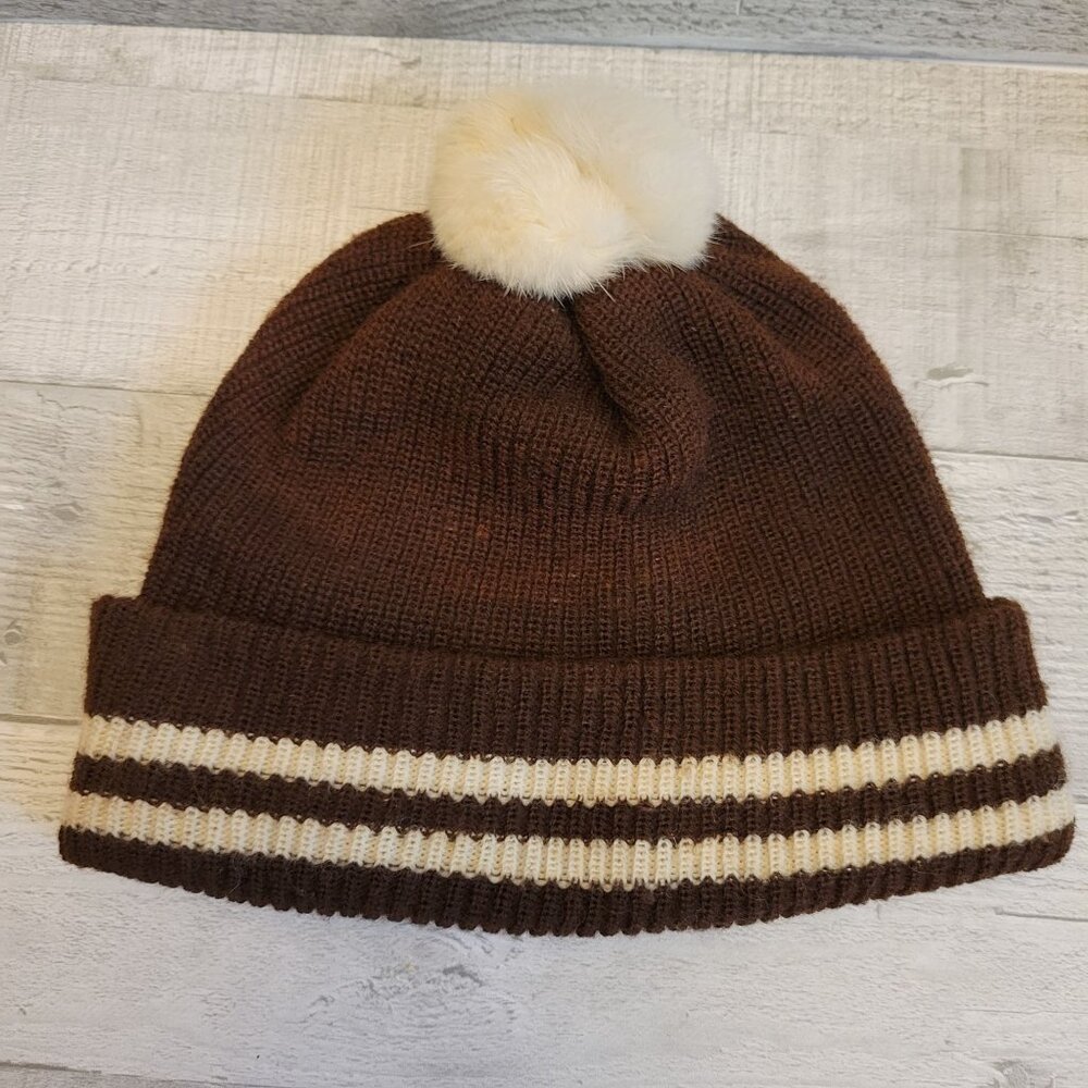 Brown & White Striped Knit Beanie Hat With Fluffy Rabbit Fur Pom Pom